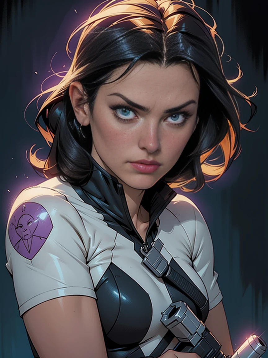 a close up of a woman holding a gun and a gun, kate bishop, mark waid, as illustrated in top cow comics, inspirado em Howard Chaykin, Adam Hughes, Chris Bachalo, No text, inspired by José Comas Quesada, valiant comics, valiant, zenoscope, rafael albuquerque comic art, Travis Charest, image comics