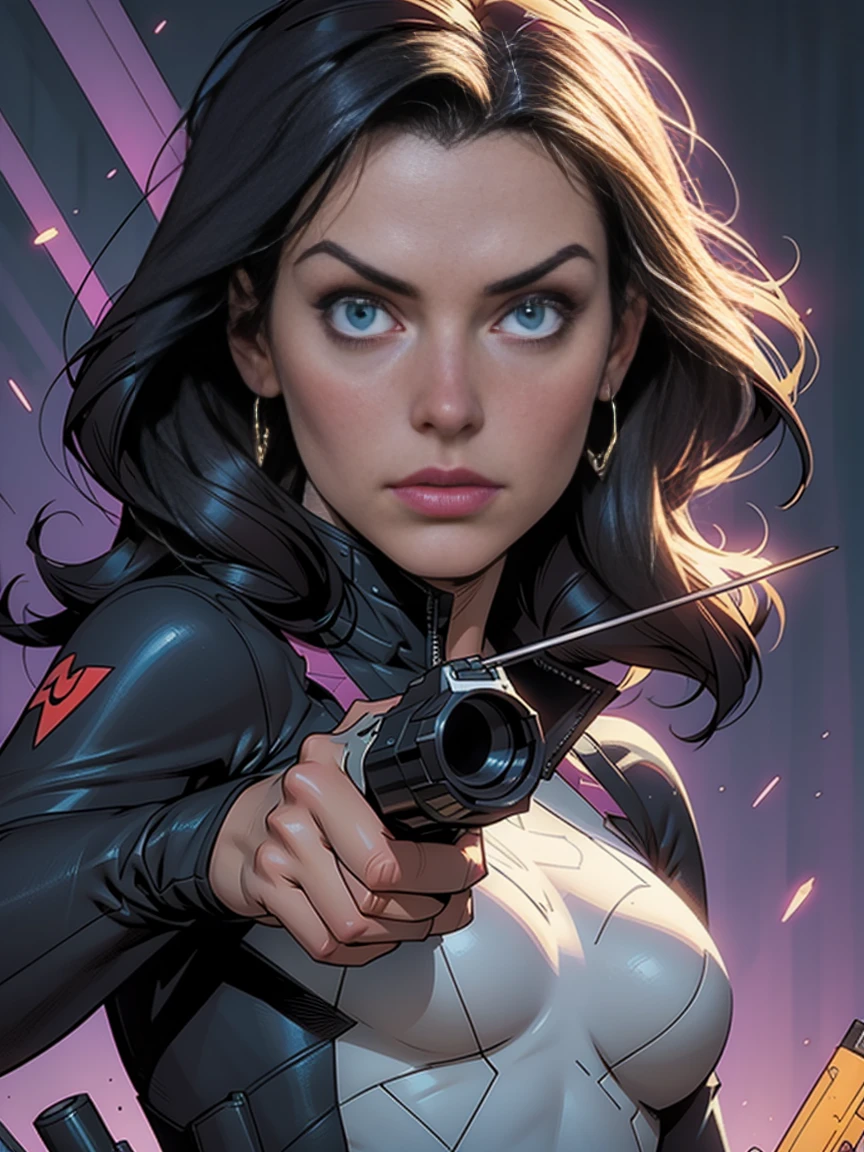 a close up of a woman holding a gun and a gun, kate bishop, mark waid, as illustrated in top cow comics, inspirado em Howard Chaykin, Adam Hughes, Chris Bachalo, No text, inspired by José Comas Quesada, valiant comics, valiant, zenoscope, rafael albuquerque comic art, Travis Charest, image comics