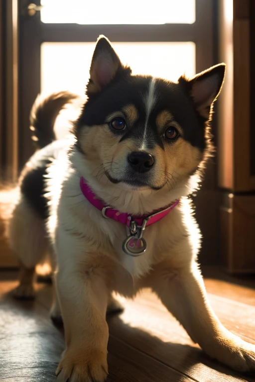 Generate an image of a dog。1:1
 (Shiny eyes) cinestill, Film Grain, Shot with Hasselblad H6D 100c, HCD 24mm lens, cinematic Dramatic lighting, Bright colors, ,Wide-angle lens, Angle from the same perspective as the animals, Incredible detail, Ultra-realistic texture, Dramatic lighting