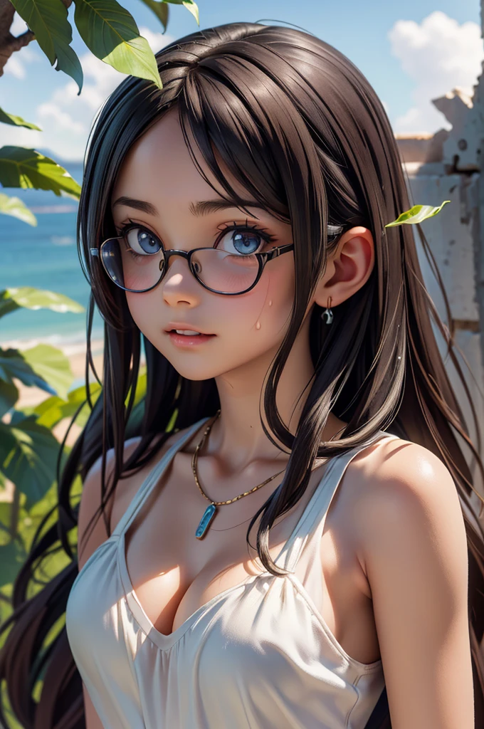 look at viewer, long hair, cloud, day, sky, outdoors, post-apocalypse, ruins, scenery, water, dramatic lighting, (highly detailed face:1.4), perfect eyes, realistic iris, perfect teeth, (smile:0.7), (background dark, shadow of the leaves), ((cleavage)), (sleeveless), a yellow bikini. her accessories include necklaces, earrings, and bracelets, Ultra High Resolution, (Realistic: 1.4), RAW Photo, Best Quality, (Photorealistic Stick), Focus, Soft Light, (young face))), (surface), (depth of field), masterpiece, (realistic), bangs, ((1 girl)), ((round ass)), 12-year-old girl wearing glasses，sweating，Very thin，long hair, (hermione)
