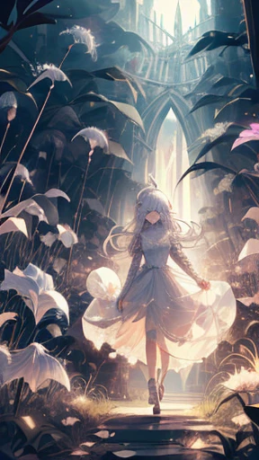 A girl in crystal dress, walking, detailed face, spider lily, bushes, pastel scatter light, masterpiece, dynamic camera, dark temple, night