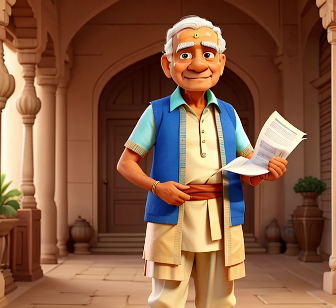 A old Indian male pandit in standing position holding a paper in his both hand in dhoti kurta