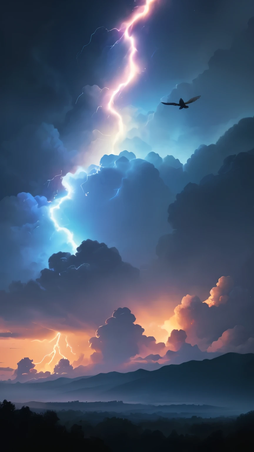 ((best quality)), ((masterpiece)), (detailed), A digital illustration of a dark blue rainbow lightning in a dark blue sky with small peach color birds flying in the background