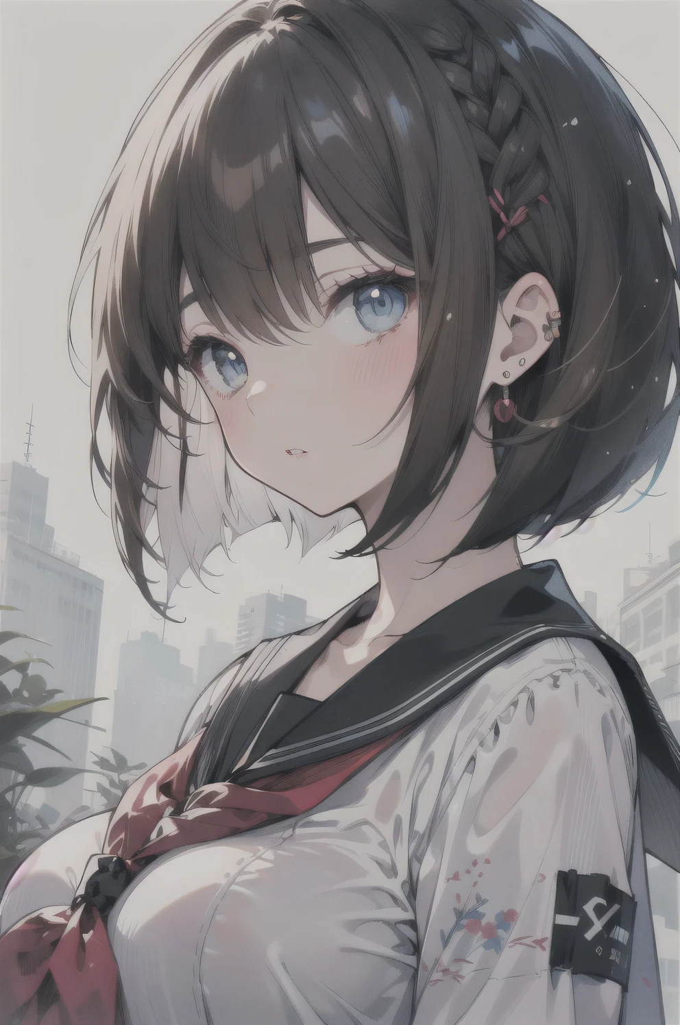 (best quality), (Super detailed), (Best Illustration), (masterpiece), (1woman), (white serafuku), (large breasts), {brown hair, (sideburns), (bob cut:1.3), curly hair, hairs between eyes, colored inner hair}, blue eyes, parted lips, expressionless, blush, earring,