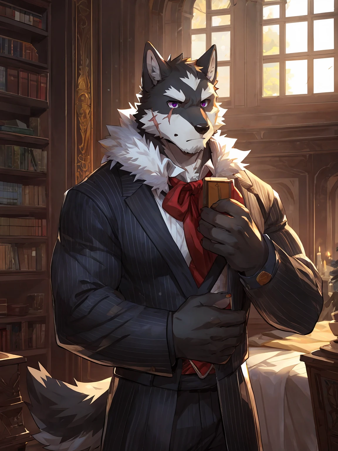 embedding:black wolf, male,purple eyes,Scar on the face, scar on the body,Single person,Black suit,With the box in his hand,Tall, mature,father,In the manor,A modern manor,Serious, silent,Maturity,The highest quality of scene detail,adult,Tall and powerful,muscle,Best quality hands, best quality eye,detailed fur,Delicate eyes.Extreme picture quality,by sollyz,by zixiong,by milkytiger1145