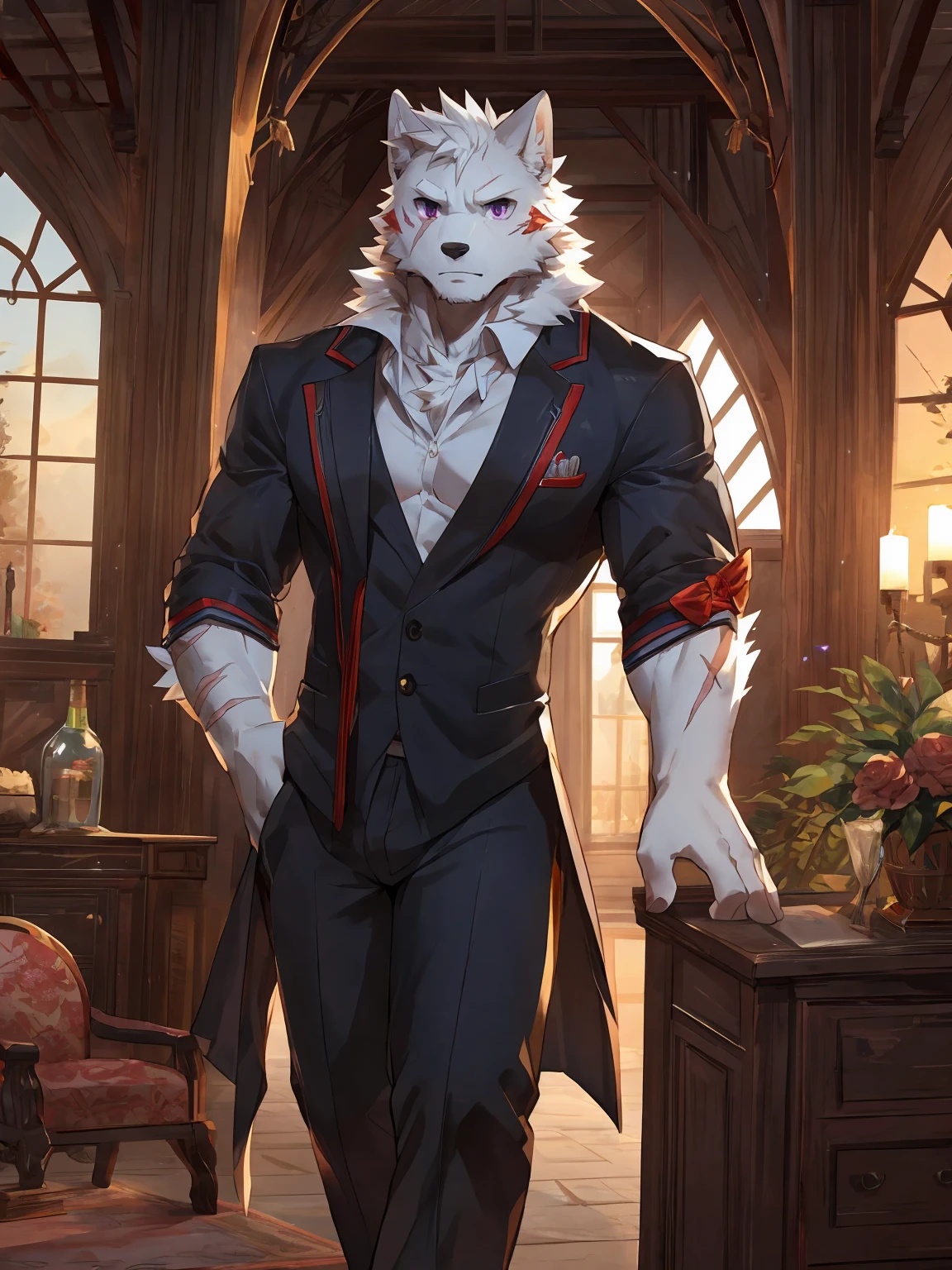 embedding:black wolf, male,purple eyes,Scar on the face, scar on the body,Single person,Black suit,With the box in his hand,Tall, mature,father,In the manor,A modern manor,Serious, silent,Maturity,The highest quality of scene detail,adult,Tall and powerful,muscle,Best quality hands, best quality eye,detailed fur,Delicate eyes.Extreme picture quality,by sollyz,by zixiong,by milkytiger1145