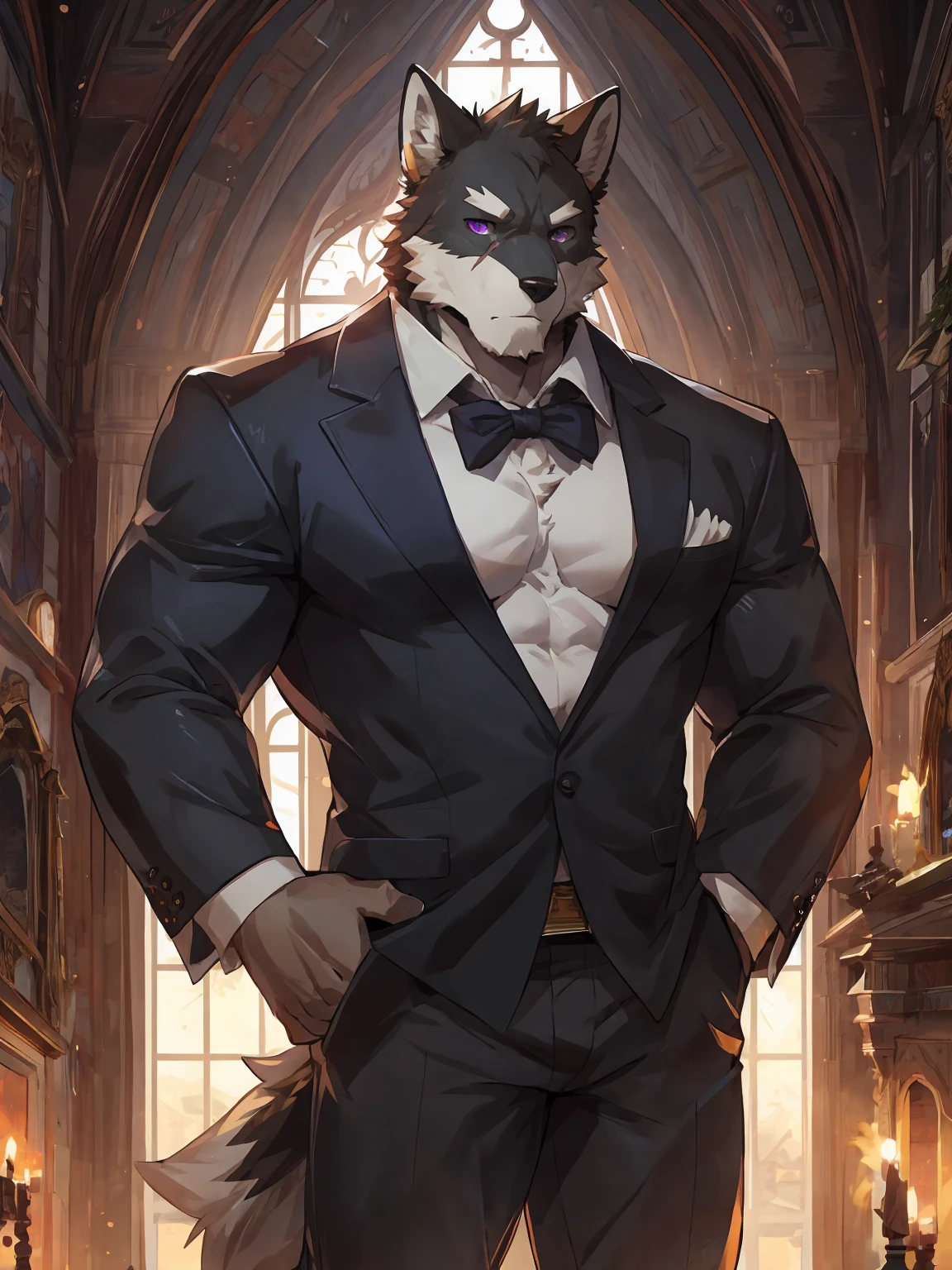 embedding:black wolf, male,purple eyes,Scar on the face, scar on the body,Single person,Black suit,With the box in his hand,Tall, mature,father,In the manor,A modern manor,Serious, silent,Maturity,The highest quality of scene detail,adult,Tall and powerful,muscle,Best quality hands, best quality eye,detailed fur,Delicate eyes.Extreme picture quality,by sollyz,by zixiong,by milkytiger1145