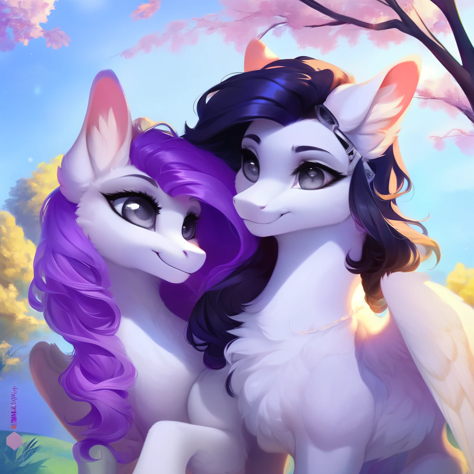 rating_safe, score_9, fluffy, feral pegasus pony, female, Light purple body, black-purple mane, disheveled hair, soft and delicate long hair, clear and proud with a hint of tenderness in grey eyes, grey eyes, smiling. dynamic。young and beautiful