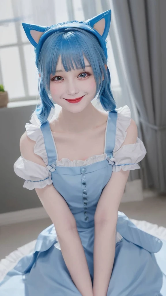 Blue hair semi-long smile Beautiful face like an actress Maid clothes Dog ears