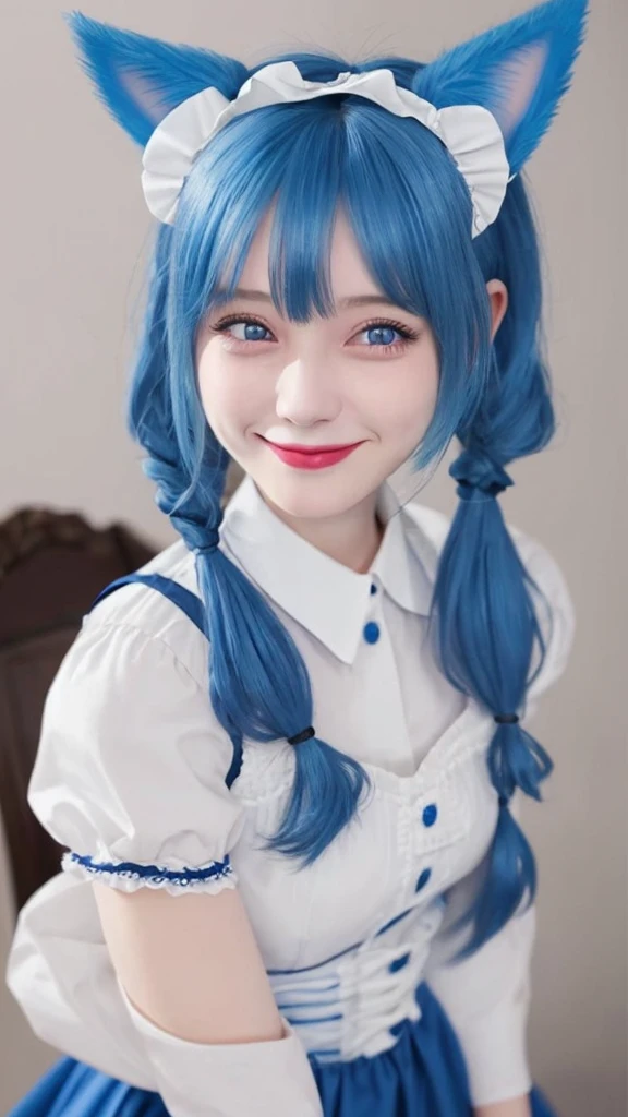 Blue hair semi-long smile Beautiful face like an actress Maid clothes Dog ears