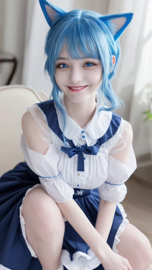 Blue hair semi-long smile Beautiful face like an actress Maid clothes Dog ears