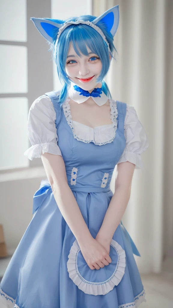 Blue hair semi-long　smile　Beautiful face like an actress　Maid clothes　Dog ears