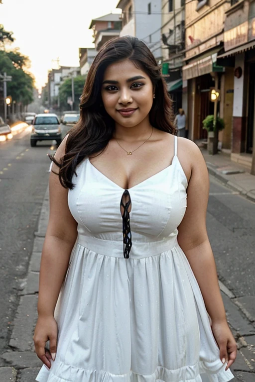(sharp focus:1.2), photo, attractive young chubby girl , Bangladeshi, busty, overweight, chubby face, (beautiful face:1.1), detailed eyes, luscious lips, (cat eye makeup:0.85), (smile:1.2), wearing (dress:1.2) on a (street:1.2). (nautal lighting:1.2), depth of field, bokeh, 4K, HDR