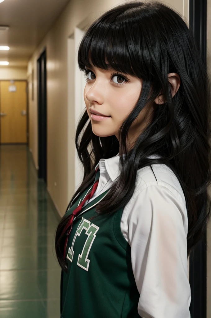 Screenshot of My Hero Academia Brunette Girl, long black wavy hair, with bangs. has dark green eyes, has a happy expression, He has the UA uniform and in the background a hallway and Katsuki Bakugou