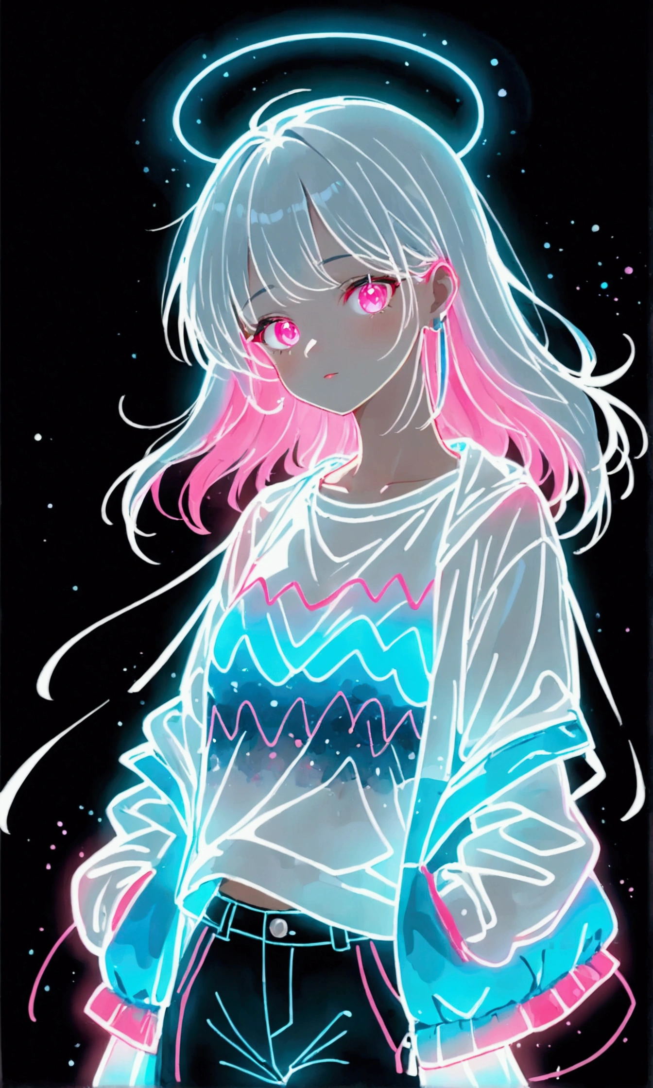 Light blue, pink and white watercolor,Rough fashion girl,(((Line art in glowing white neon))),Pale color background,Sparkling,flash,pastel colour,ネオンflash,Zentangle Elements,Absurd