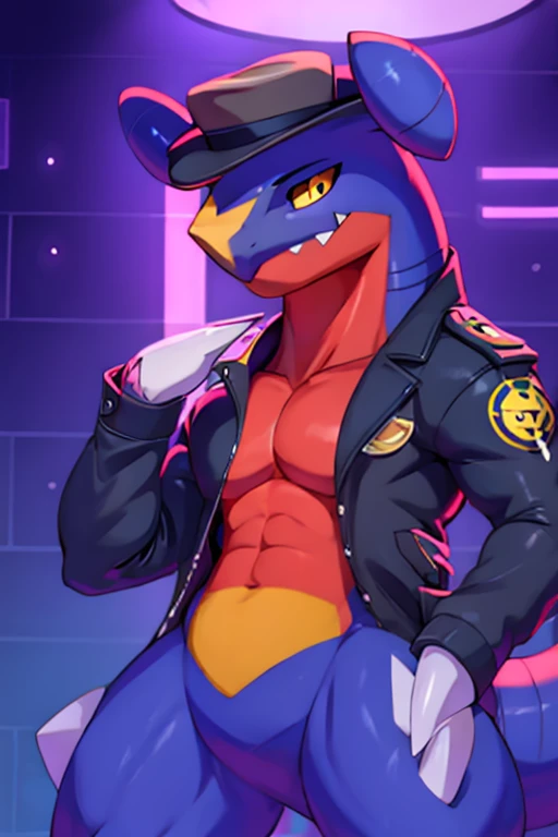 Garchomp body builder, hand on chin, hand on hips, white detective jacket