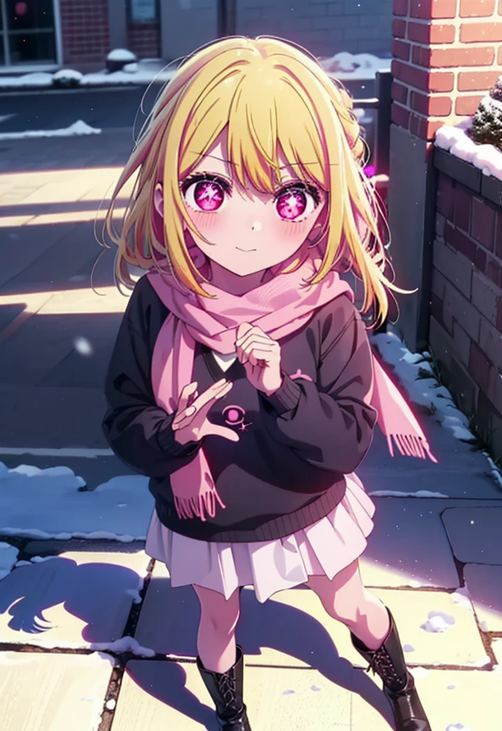 rubyhoshino, Ruby Hoshino, Long Hair, bangs, blonde, (Pink Eyes:1.3), (Symbol-shaped pupil:1.5), Multicolored Hair, Two-tone hair,smile,Purple scarf,V-neck sweater,Long skirt,Black Pantyhose,short boots,Standing leaning against a wall,Snow is piling up,that'it's snowing,whole bodyがイラスト入るように,Hide in a roofed building,
break outdoors, Area,
break looking at viewer, whole body,
break (masterpiece:1.2), Highest qualthaty, High resolution, unthaty 8k wallpaper, (shape:0.8), (Beautiful attention to detail:1.6), Highly detailed face, Perfect lighting, Highly detailed CG, (Perfect hands, Perfect Anatomy),