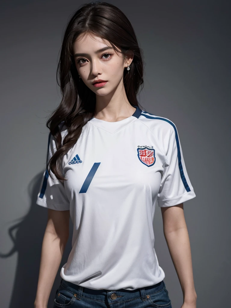 absurdres, RAW photo, extremely delicate and beautiful, masterpiece, Best Quality, ultra high resolution, 32k, hyperrealistic, ultra-detailed, perfect anatomy, anatomically correct, perfect figure, Perfect Style, Perfect balance, super Detailed skin, in her 30s, very Slim body, narrow waist, very small head, very small face, delicate facial features, handsome detailed woman, very detailed eyes and face, realistic face proportions, Realistic beautiful face, Realistic beautiful eyes, tearful mole, earring, very huge round tits, full body shot, whole legs, medium hair, dark blonde hair, asymmetrical hair, (soccer Jersey:1.2), shorts,