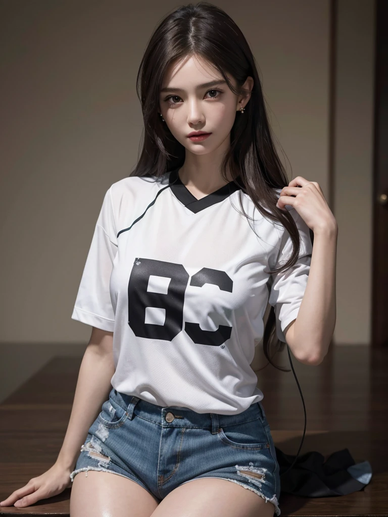 absurdres, RAW photo, extremely delicate and beautiful, masterpiece, Best Quality, ultra high resolution, 32k, hyperrealistic, ultra-detailed, perfect anatomy, anatomically correct, perfect figure, Perfect Style, Perfect balance, super Detailed skin, in her 30s, very Slim body, narrow waist, very small head, very small face, delicate facial features, handsome detailed woman, very detailed eyes and face, realistic face proportions, Realistic beautiful face, Realistic beautiful eyes, tearful mole, earring, very huge round tits, full body shot, whole legs, medium hair, dark blonde hair, asymmetrical hair, (soccer Jersey:1.2), shorts,
