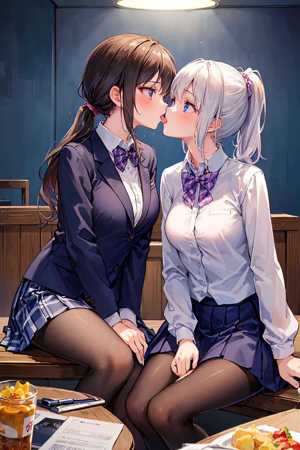 ((Highest quality)), ((masterpiece)), (detailed), Perfect Face, Beautiful Face, Highest quality, ultra expensive resnatural light, Glowing Skin, detailed skin, detailed face, detailed eyes, (2 girls), ((Two girls staring at each other)), French kiss，A girl with black straight hair and a girl with a pink ponytail, Japanese expensive school girl, expensive , Blazer and checkered skirt，Small breasts，((Highest quality)), (非常にdetailedな), (High-definition CG synthesis 8K wallpaper), expensively detailed,  expensive-definition raw colbor photos, Professional photography,  Written boundary depth,Deep Kiss，Kiss between girls，With tongue、