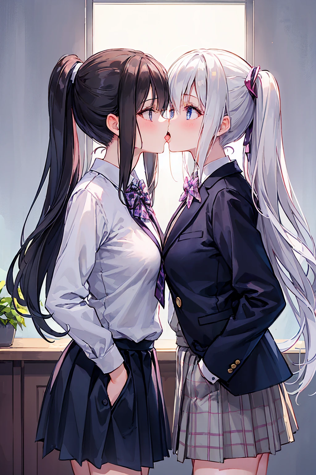 ((Highest quality)), ((masterpiece)), (detailed), Perfect Face, Beautiful Face, Highest quality, ultra expensive resnatural light, Glowing Skin, detailed skin, detailed face, detailed eyes, (2 girls), ((Two girls staring at each other)), French kiss,A girl with black straight hair and a girl with a pink ponytail, Japanese expensive school girl, expensive , Blazer and checkered skirt,Small breasts,((Highest quality)), (非常にdetailedな), (High-definition CG synthesis 8K wallpaper), expensively detailed, expensive-definition raw colbor photos, Professional photography, Written boundary depth,Deep Kiss,Kiss between girls,With tongue、