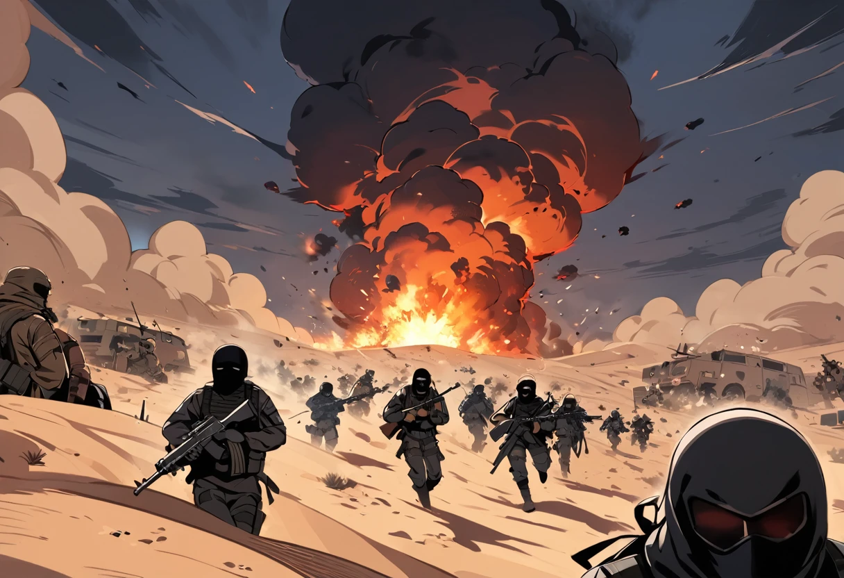  Terrorists, black balaclava, black clothes, war, desert, night, blood, sandstorm, chaos, nuclear explosion 