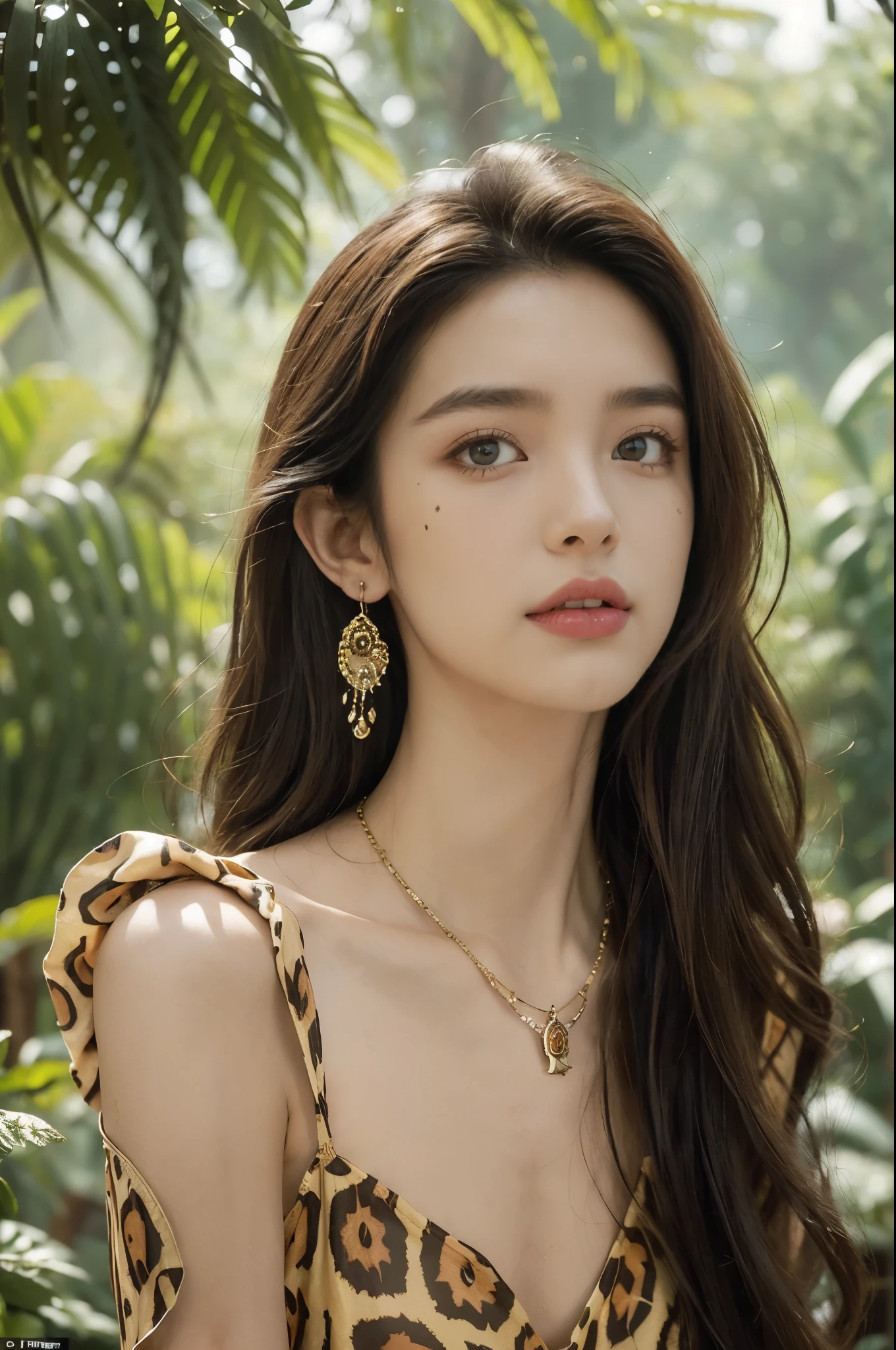 (((best quality))),(((ultra detailed))),(((masterpiece))),illustration,((1 beautiful girl,solo)),(shoulder length messy hair:1.2),((Beast bone earrings and necklace)),((slim,thin)),((small breasts,flat chest)),(slender legs:1.2),fair complexion,(leopard print sundress:1.3),seductive,wild spirit,lush forest,primitive,tall trees,green canopy, sunlight filter,scent of earth,bird chirping,small creatures,secluded spot,captivating,enigmatic,raw energy,untamed spirit,morden day Eve,Garden of Eden,playful,adventurous,striking appearance,exotic setting,summertime,heat,humidity,vibrant colours,endless possibilities,exquisite detail,expansive wilderness,feminine allure,((from front,upper body))