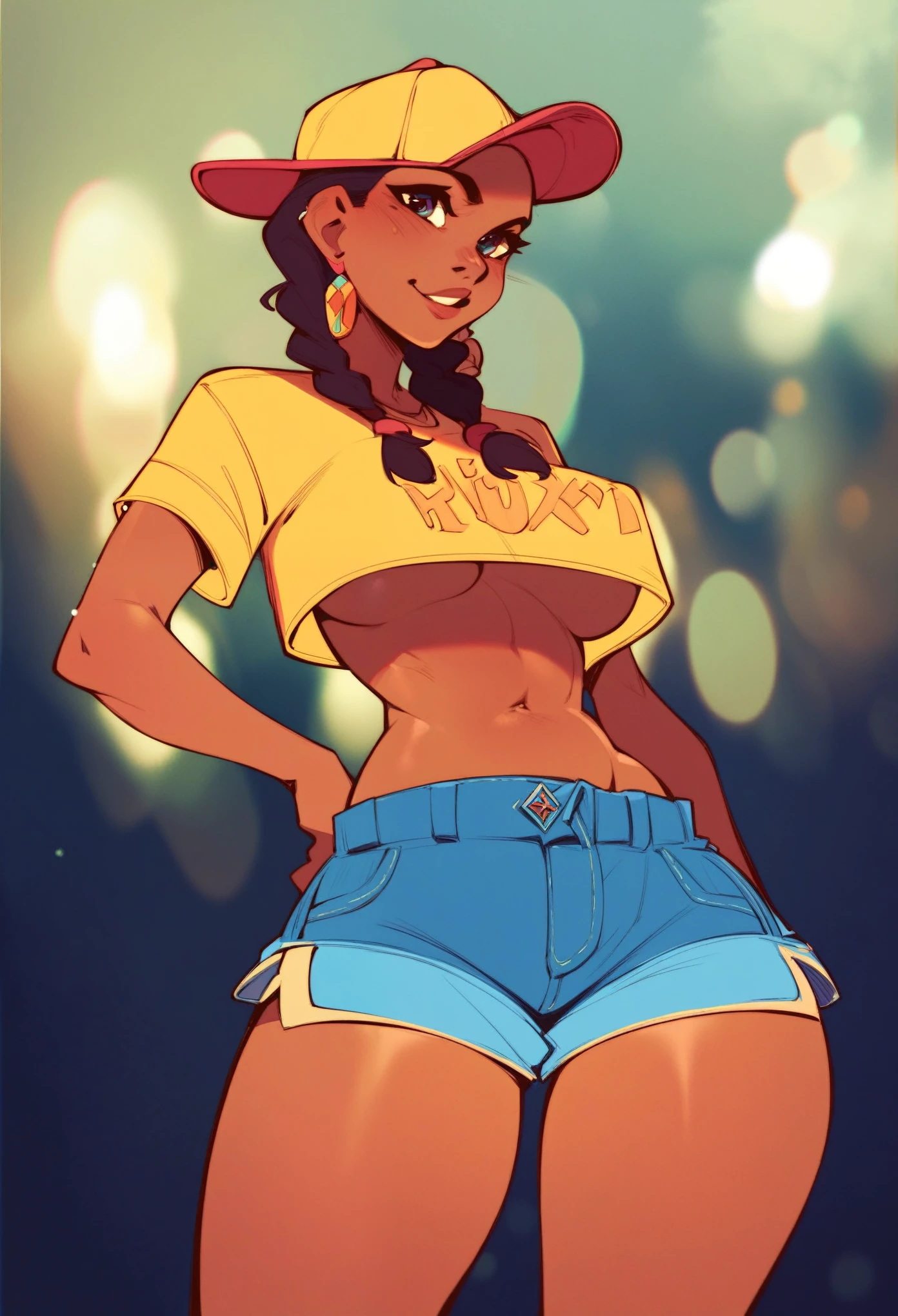 score_9, score_8_up, score_7_up, score_6_up, Character concept art of a dark skinned woman, twin braids, yellow crop top, khahki shorts, underboob, baseball cap, fashionable, high detail establishing shot. cinematic, bokeh, use of color theory
