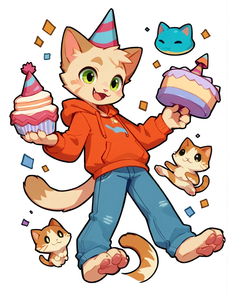 The Q version of the cute furry cat, holding a birthday cake, cute smile, happy, cute, male cat, paws, beans, party hat, hoodie, jeans, white background 