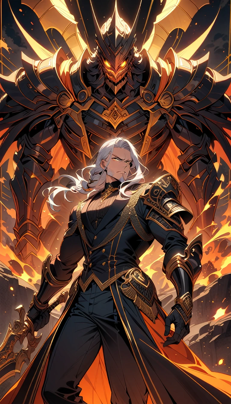 ((best quality)) , ((masterpiece)) , (detailed)，weapon, armor, holding, long hair, facial hair, glowing eyes, 1boy, male focus, holding weapon, glowing, sword, outdoors, helmet, braid, teeth, fire, shoulder armor, pants, grey hair, beard, bangs, holding sword, muscular male, white hair,(((art deco style. geometric shapes, bold colors, luxurious, elegant, decorative, symmetrical, ornate, detailed)))