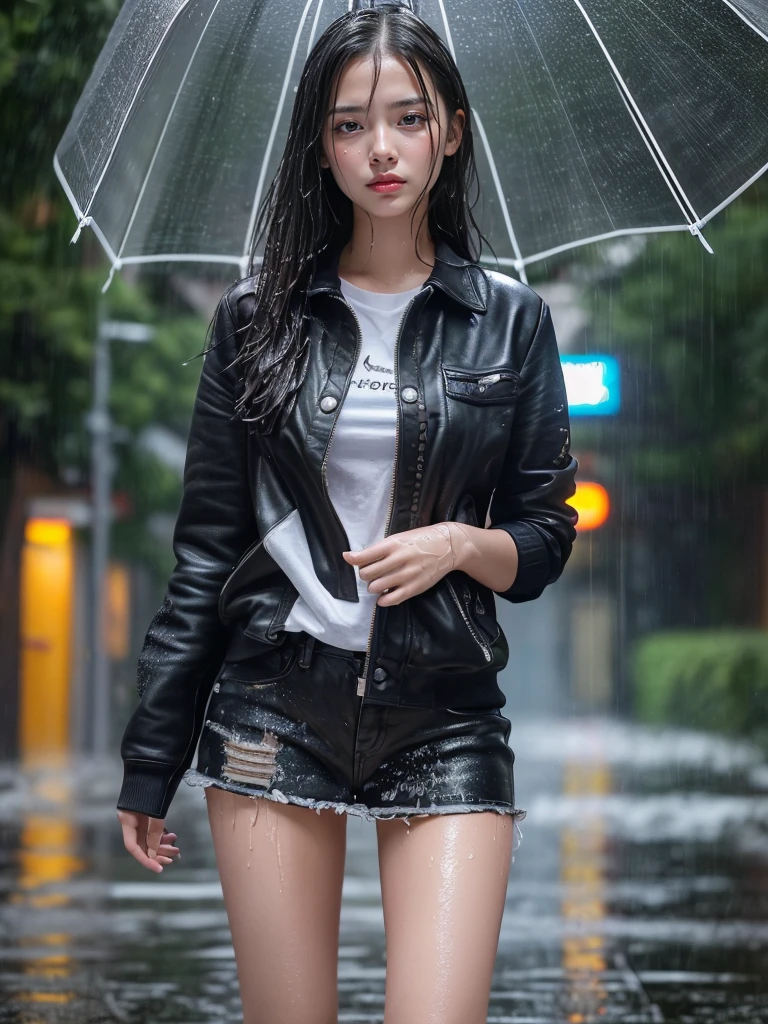 (Highest quality, masterpiece, Ultra-high resolution, (Realistic:1.4), RAW Photos, Depth of written boundary, Professional Lighting, Perfect Anatomy, Very detailed), One girl, 15 years old, The most famous Japanese idols, In the heavy rain、Standing on street, ((The heavy rain got me soaked, Wearing summer clothes that are very wet from heavy rain)), ((Detailed heavy rain):1.5)