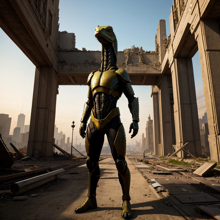 humanoid lizard , standing in the middle of ruin city post apocaliptic earth , ((extreme detail)),(ultra-detailed), extremely detailed CG unity 8k wallpaper,best quality, masterpiece, ,Wide-Angle, 85mm, masterpiece, UHD, anatomically correct, super detail, high quality, award winning, 1080P, HD, 16k, ((masterpiece)), best quality, 8K, HDR