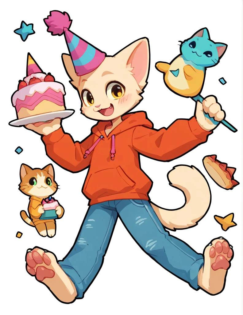 The Q version of the cute furry cat, holding a birthday cake, cute smile, happy, cute, male cat, paws, beans, party hat, hoodie, jeans, white background