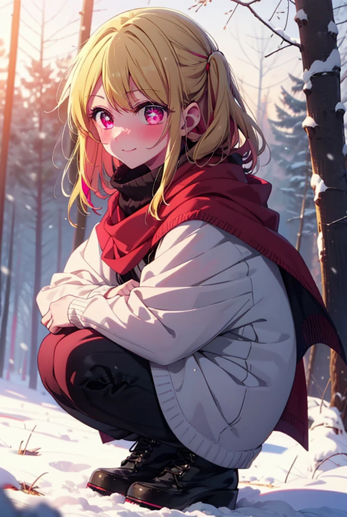 rubyhoshino, Hoshino Ruby, Long Hair, bangs, blonde, (Pink Eyes:1.3), Side Lock, (Symbol-shaped pupil:1.5), Multicolored Hair, Two-tone hair, smile,,smile,blush,white breath,
Open your mouth,snow,Ground bonfire, Outdoor, boots, snowing, From the side, wood, suitcase, Cape, Blurred, , forest, White handbag, nature, Squat, Mouth closed, Cape, winter, Written boundary depth, Black shoes, red Cape break looking at viewer, Upper Body, whole body, break Outdoor, forest, nature, break (masterpiece:1.2), Highest quality, High resolution, unity 8k wallpaper, (shape:0.8), (Beautiful and beautiful eyes:1.6), Highly detailed face, Perfect lighting, Extremely detailed CG, (Perfect hands, Perfect Anatomy),