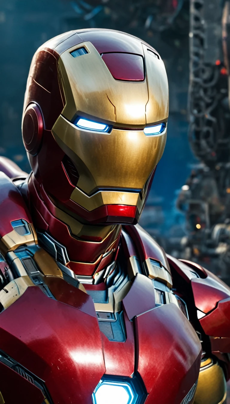 Marvel - Iron Man, close-ups, robot and machine background, great battle to save the world, masterpiece, 8K, realitic