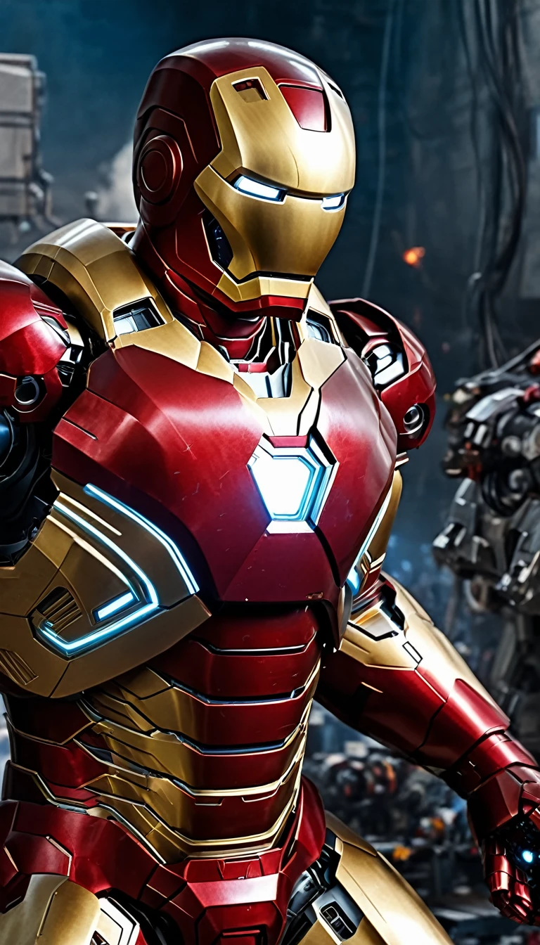 Marvel - Iron Man, close-ups, robot and machine background, great battle to save the world, masterpiece, 8K, realitic