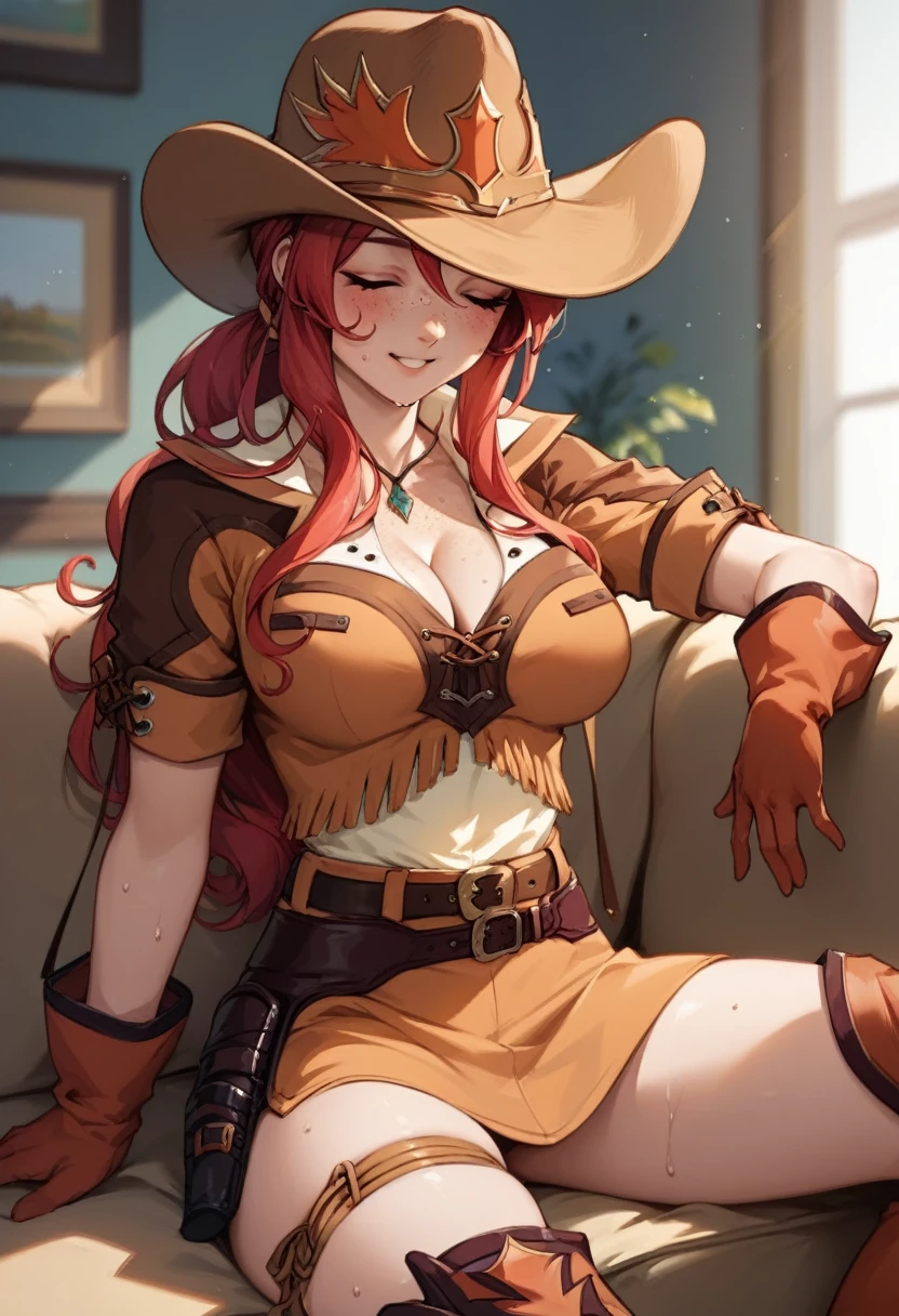 score_9, score_8_up, score_7_up, very aesthetic, source_anime, detailed, high quality, beautiful, masterpiece, detailed eyes,
Indoors, couch,
cowboy shot, upper body, aroused facial expression, blush, sweat, open mouth, scream,
gemini sunrise, red hair, long hair, closed eyes, freckles, sidelocks, big breasts, cleavage, facing the viewer, looking at the viewer, sit down, (spread-out legs),
belt, thigh strap, cowboy hat, cowboy boots, fringe trim, gloves, miniskirt, zPDXL