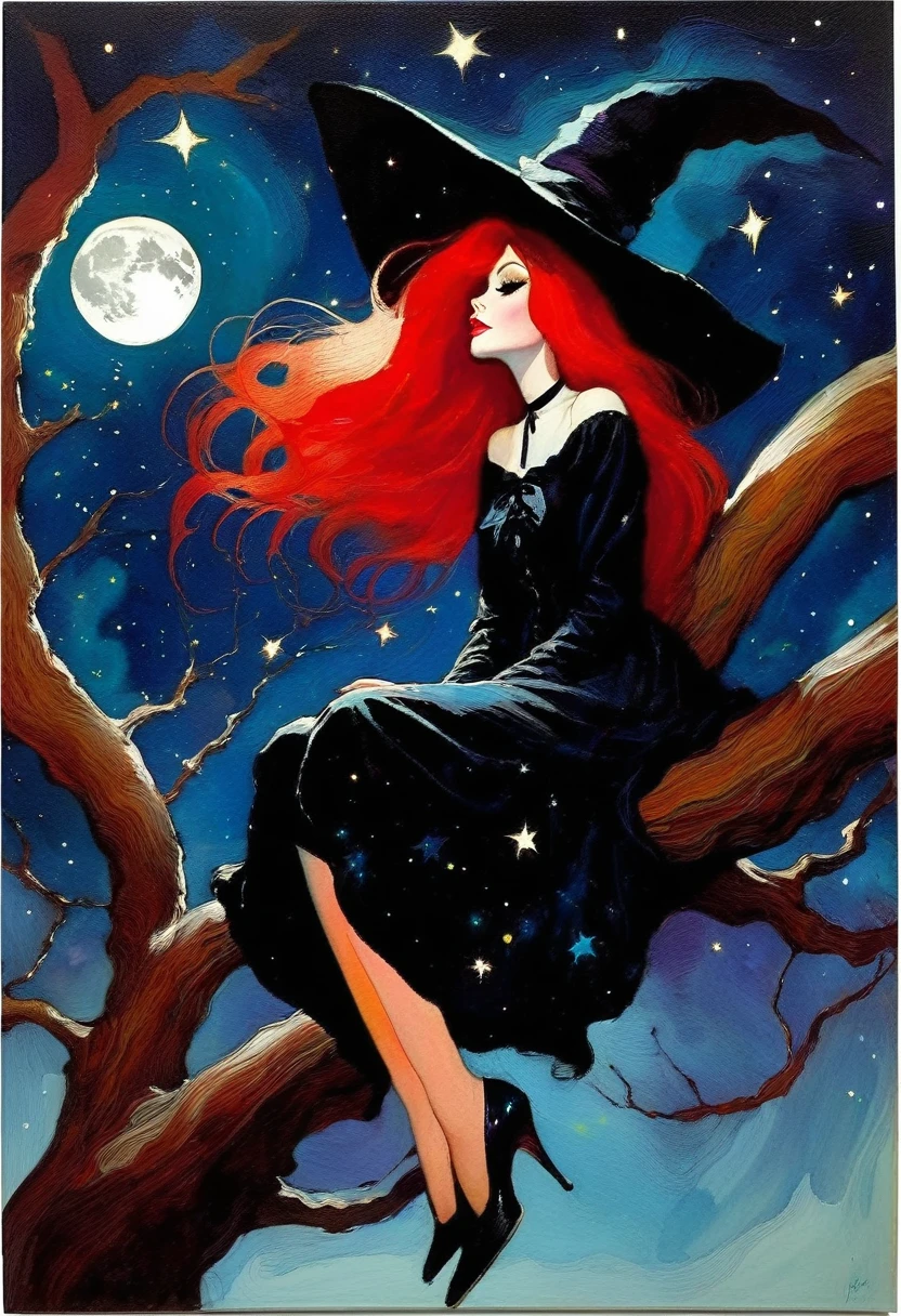 ((🧙♀️)), (black hat), {witch sitting on a high tree branch}, very long red hair, sexy, , ((from below)), magic, fantastic, night sky, moon , stars, background, Alice in Wonderland, alone, very beautiful, cute, adorable, embarrassed, alone, Glowify (simple oil painting in the style of Bill Sienkiewicz)