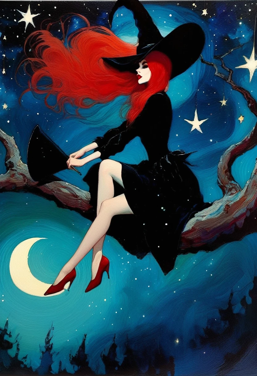 ((🧙♀️)), (black hat), {witch sitting on a high tree branch}, very long red hair, sexy, , ((from below)), magic, fantastic, night sky, moon , stars, background, Alice in Wonderland, alone, very beautiful, cute, adorable, embarrassed, alone, Glowify (simple oil painting in the style of Bill Sienkiewicz)