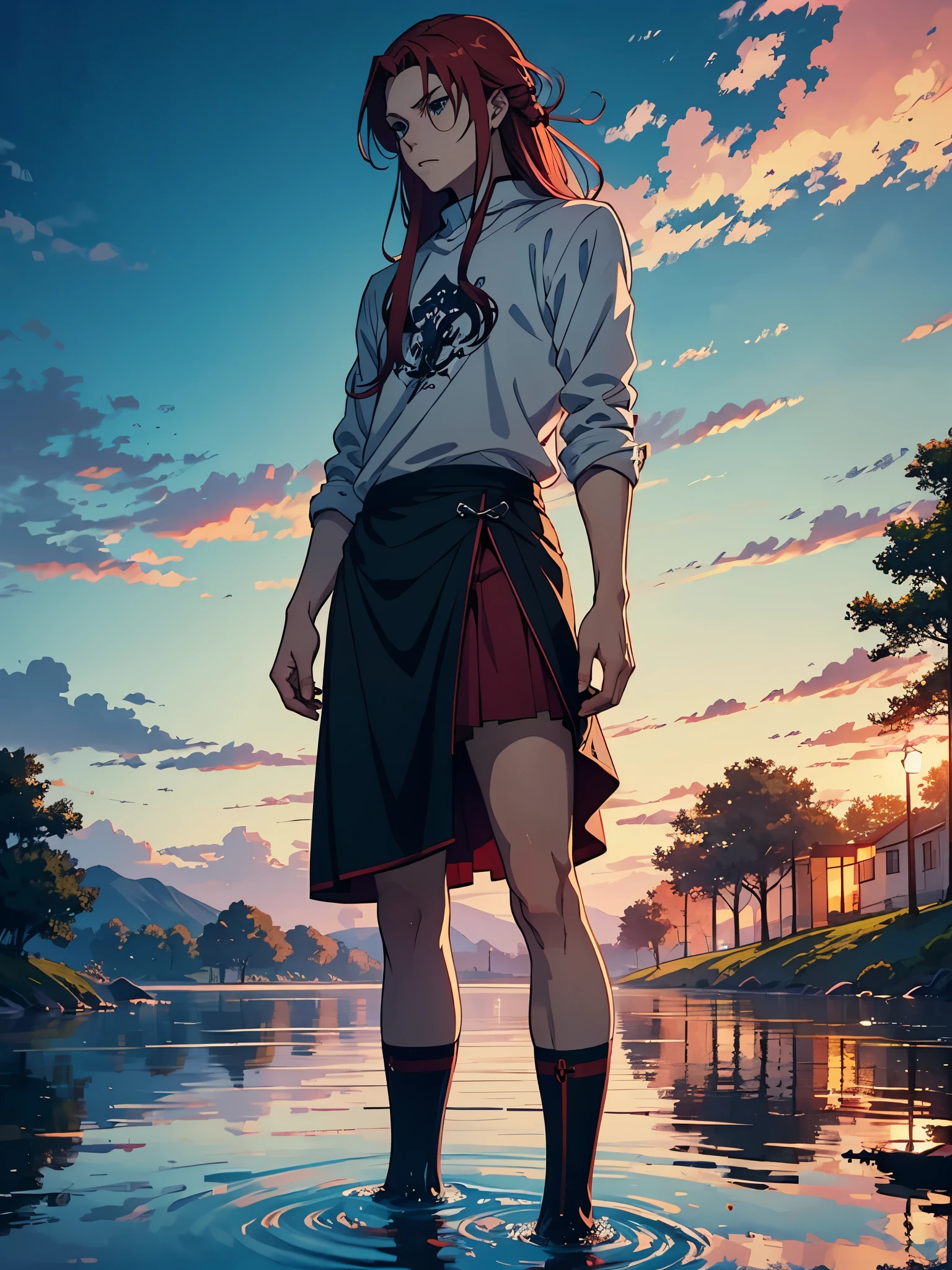 Boy. Shorter skirt. More anime style. blue flames. 2d. flatter. anime style. Viking clothing. soft. More anime. Standing in a lake. More anime. More 2d. Clean. More anime. 2d. Glow. Red hair. More anime. male. Long hair. long red hair. boy, vikings. red hair. Blue eyes. fire.