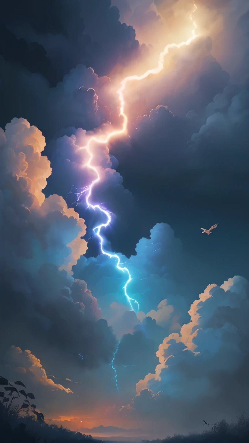 ((best quality)), ((masterpiece)), (detailed), A digital illustration of a dark blue rainbow lightning in a dark blue sky with small peach color birds flying in the background