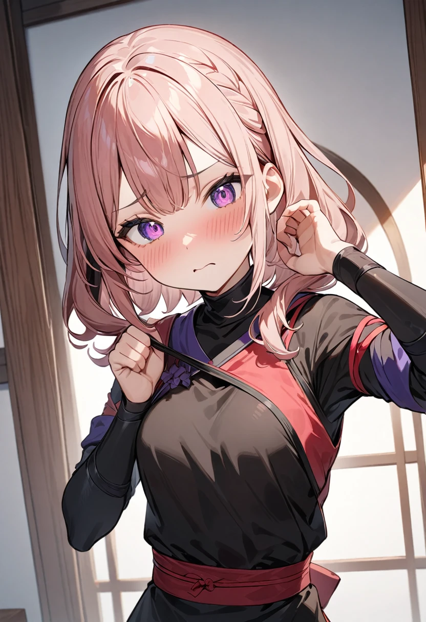 (masterpiece, top quality, very aesthetic, 4k、illustration), intricate detail, 1girl,Standing 、(upper body)、embarrassed、(),Cute 、Random Hair Color、,middle hair,sidelock ,Random Color　eyes、ninja clothes、small breasts、Slim 、