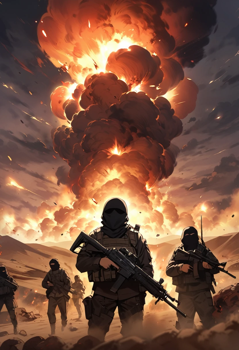 Terrorists, black tied balaclava, black clothes, war, desert, night, blood, sandstorm, chaos, nuclear explosion, dark atmosphere