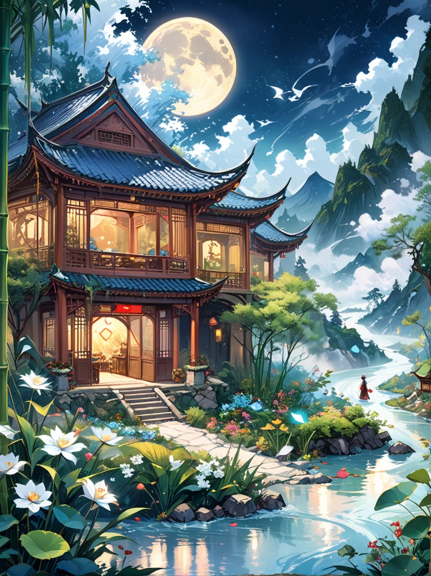 (masterpiece), (Super detailed:1.3), Best quality, (Shiny:1.2), (A winter wonderland village in fantasy and mythology:1.4), (Van Gogh style wonderland architecture：1.5), (The moon is empty), (Fresh，cold，Mountains，White mist，illusory，broad，bamboo forest，Frost Flower，diamond，breeze，Bamboo Leaves，Heaven，lake，ice，Lingzhi，ancient，pavilion，mural，Ride the clouds，sacred，peaceful，peaceful，extraordinary，beauty，peaceful，detail，energy，Pleasure，isolated，Treasure，nature，magic，creativity), Illustration style and decoration，Winter wonderland，Cute design style，night，Snowfield，Full Moon，Vivid colors，(Weird and charming fantasy), Hyperreal Portraits，(Fantasy-themed winter), (A strange wonderland), (Rich多彩，Landscape full of candy), (charming，magic的生物), (One full of energy，Palace surrounded by fog), (White Cloud Road), (Fairyland castle in the distance), (Like a mirror，不对称的masterpiece钟表配件), (Rich，Fantastical colors), (Twinkling Stars), promote，(four dimensional dream), (迷人charming氛围), (Playful composition), (生动的Light and shadow effects), 1.4 times more realistic，超High Definition，展现在这个beauty的场景中，(Very detailed，Reasonable design，Clear lines，High Definition，masterpiece，Official Art，Light and shadow effects，8k)