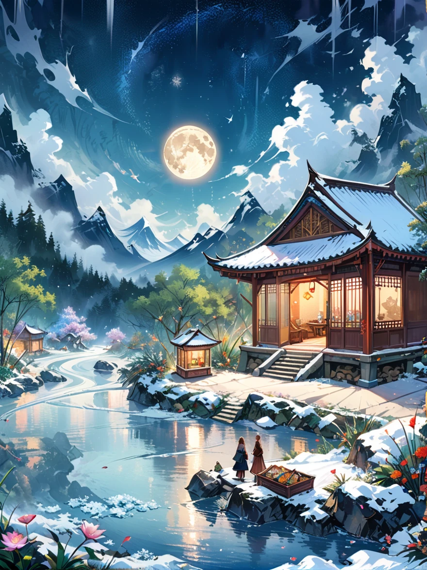 (masterpiece), (Super detailed:1.3), Best quality, (Shiny:1.2), (A winter wonderland village in fantasy and mythology:1.4), (Van Gogh style wonderland architecture：1.5), (The moon is empty), (Fresh，cold，Mountains，White mist，illusory，broad，bamboo forest，Frost Flower，diamond，breeze，Bamboo Leaves，Heaven，lake，ice，Lingzhi，ancient，pavilion，mural，Ride the clouds，sacred，peaceful，peaceful，extraordinary，beauty，peaceful，detail，energy，Pleasure，isolated，Treasure，nature，magic，creativity), Illustration style and decoration，Winter wonderland，Cute design style，night，Snowfield，Full Moon，Vivid colors，(Weird and charming fantasy), Hyperreal Portraits，(Fantasy-themed winter), (A strange wonderland), (Rich多彩，Landscape full of candy), (charming，magic的生物), (One full of energy，Palace surrounded by fog), (White Cloud Road), (Fairyland castle in the distance), (Like a mirror，不对称的masterpiece钟表配件), (Rich，Fantastical colors), (Twinkling Stars), promote，(four dimensional dream), (迷人charming氛围), (Playful composition), (生动的Light and shadow effects), 1.4 times more realistic，超High Definition，展现在这个beauty的场景中，(Very detailed，Reasonable design，Clear lines，High Definition，masterpiece，Official Art，Light and shadow effects，8k)