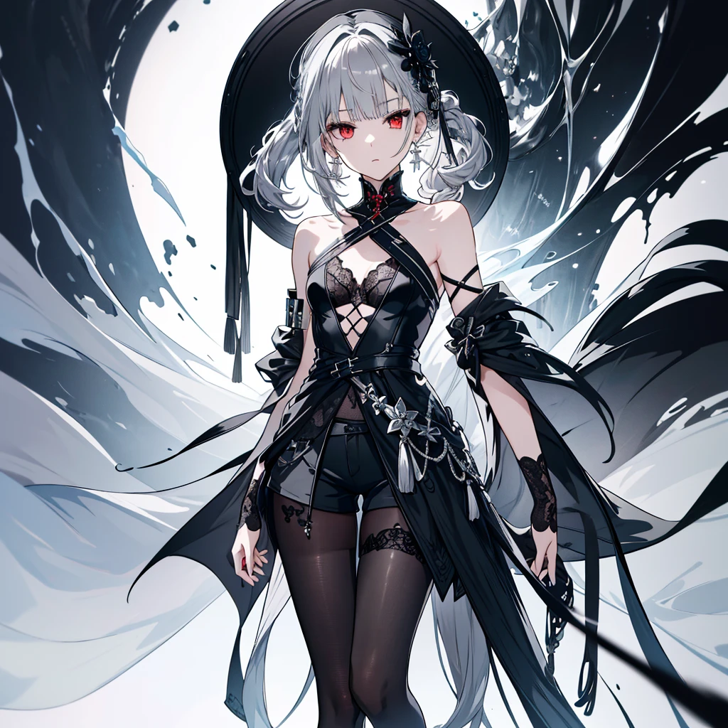 8k,High resolution RAW color art,Anime Art, (((Very detailed and cool))), Detailed skin, Blur、texture,(Exquisitely crafted, The finer details, Ultra-detailed art), (((1 girl))), Depth of written boundary, Silky Touch, Hyper Detail, (((Cool face))), eye shadow、Silver Marble Skin, Beautiful detailed red eyes, Beautiful lip detail, Very delicate face, Delicate depiction of hair and eyes, Detailed Fashion, Silver earrings,Silver Bracelet、Full body depiction, Black half top、(((Shoulder Bare)))、Black shorts、black waist cloak、black tights、 A little bit of grey hair, Straight Hair、Semi-long hair、(((Hair)))、water surface、silk clotheatte、Soft clothes