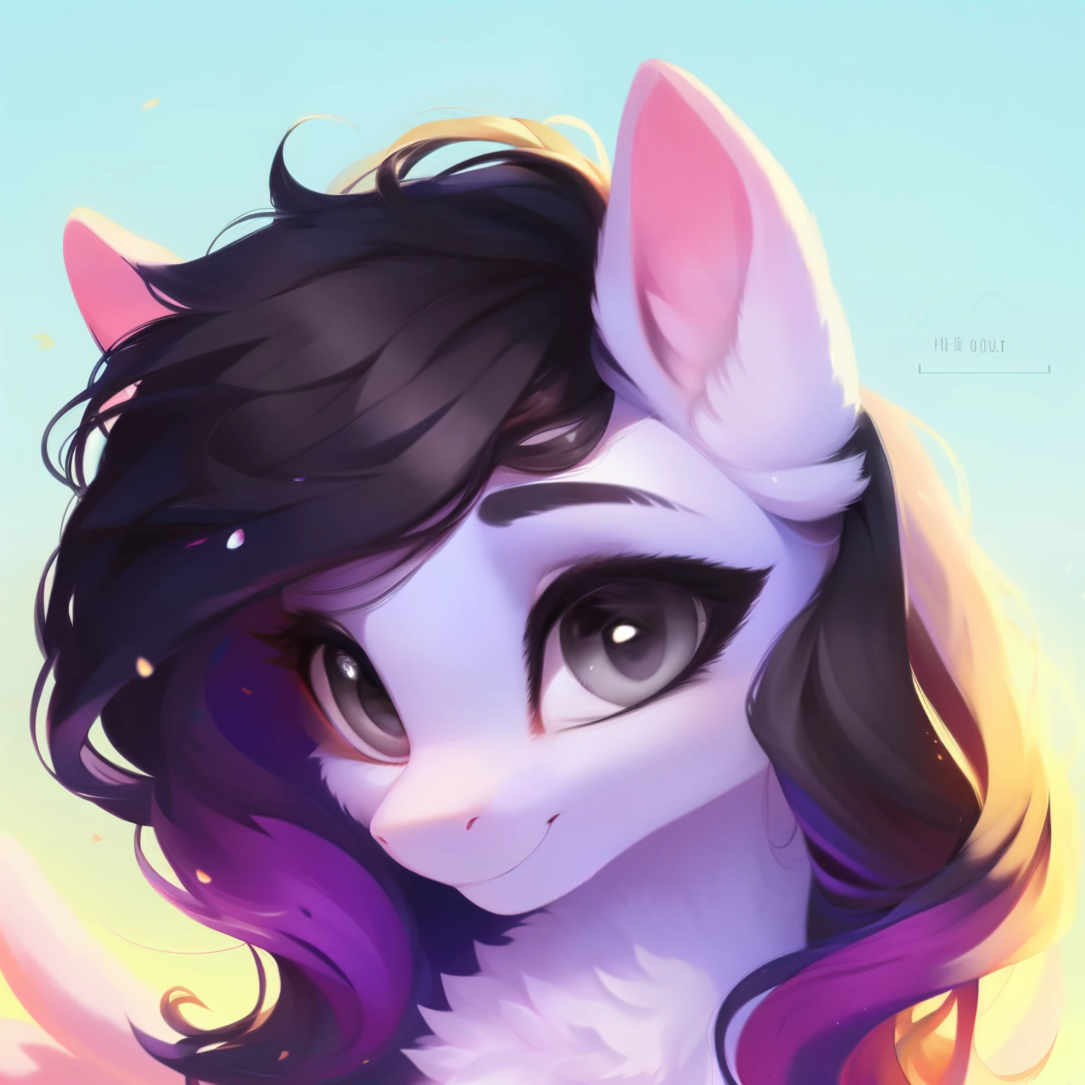 rating_safe, score_9, fluffy, feral pegasus pony, female, Light purple body, black-purple mane, disheveled hair, soft and delicate long hair, clear and proud with a hint of tenderness in grey eyes, grey eyes, smiling. dynamic。young and beautiful
