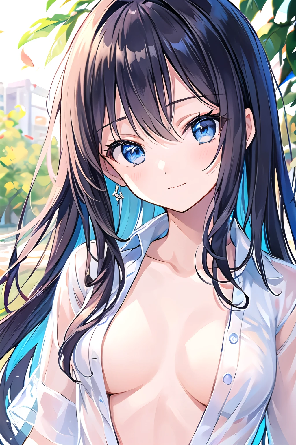 ((Highest quality)), ((masterpiece)), (detailed), (Japanese),, Black Hair,(Childish face), (Long Hair), Girl, small Breasts, ((topless)), ((Blue eyes)),half-smile ,Sunlight, arched back, (extreme_close_up) , riverbank, flower garden,((See-through shirt)),(Sheer shirt),
