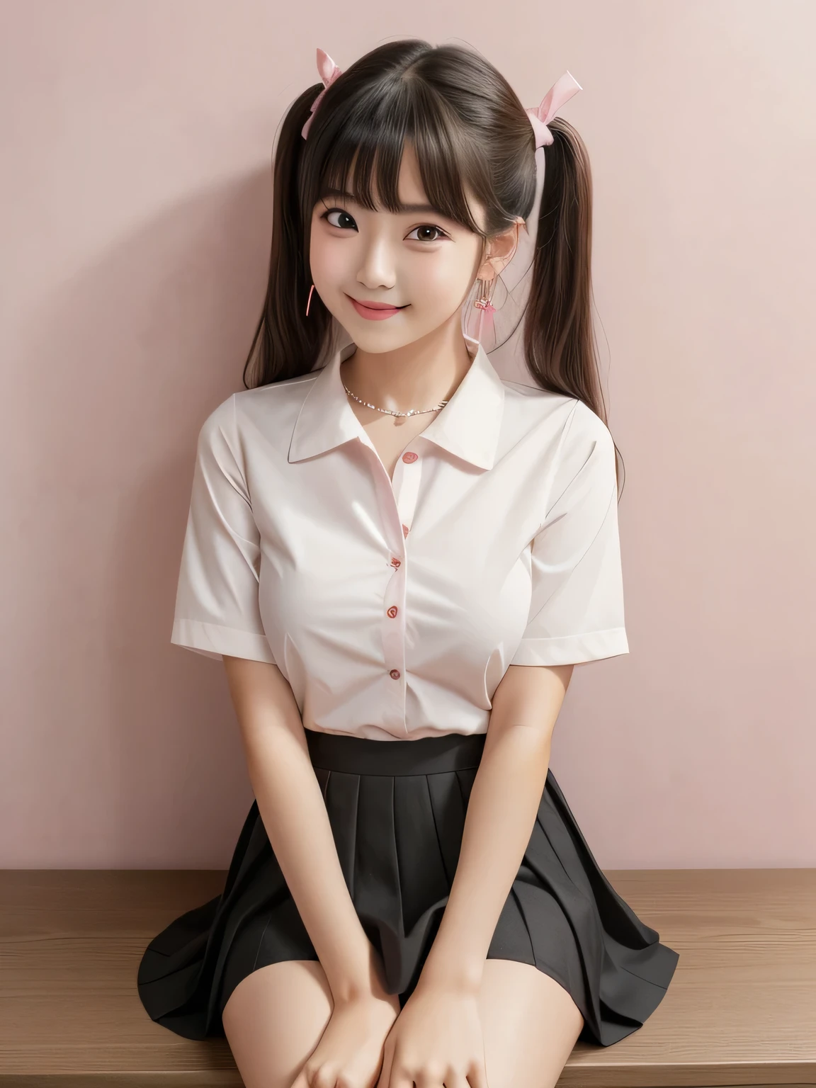 Twin tails、20,Earrings、very cute、Ulzzang, (8k, RAW Photos, Highest quality, masterpiece: 1.2), (Realistic, photo-Realistic: 1.37), Very detailed, 1 girl, cute, alone, Beautifully detailed skies, Detailed Coffee, Pink wall、Sitting, Date, (My nose turned red), (smile: 1.1), (Mouth closed), Medium chest, Beautiful attention to detail, (A short-sleeved shirt with a collar and an open front: 1.1), sexy、Pleated skirt,((Symmetrical eyes))、sexy、I can see your thighs、sexy