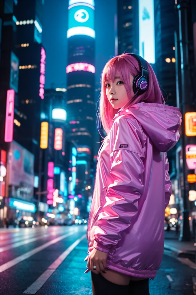 This image contains、Futuristic cityscape in the background、A beautiful Japanese girl is depicted。The background is a night city with shining neon lights.、Blue and pink lights intertwine、It exudes a sci-fi atmosphere.。The beautiful girl is wearing a thin transparent hooded jacket.、Underneath she is wearing pink shorts.。The jacket reflects light、It has a futuristic feel。
The pose is natural、It captures the moment she turns around。The gaze is slightly directed towards the camera.、It creates a sense of intimacy with the viewer。Her hair is pink and straight、Headphones are attached to a part of her hair.、This is also a futuristic accent.。
As a photographic technique、The reflection of light and the shadows are very realistic.、In particular, the transparency of the jacket and the light reflecting off it are depicted in great detail.。The blurry neon lights in the background、The focus of attention is easily focused on the beautiful girl who is the subject of the photo.。overall、The vertical composition enhances the presence of the beautiful girl.、By contrasting it with the bustle of the city in the background,、Emphasizing ultra-realistic photo-realistic textures。